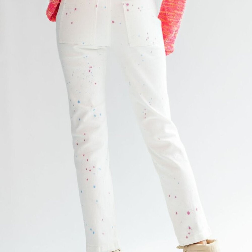 EASEL Paint Splatter Slim Fit White Stretch Jeans